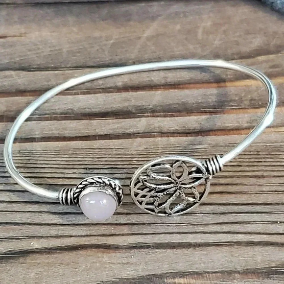 Handcrafted Opalite Gemstone Lotus Circle Sterling Silver Overlay Cuff Bracelet - Picture 6 of 7